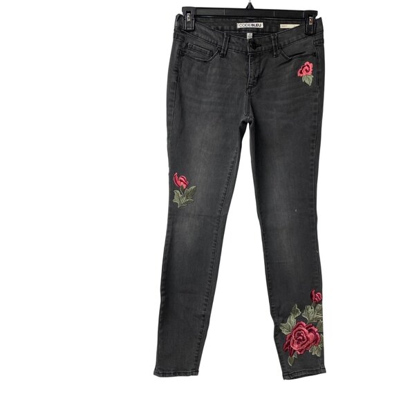 Code Bleu‎ Womens Embroidered Rose Skinny Jeans Size 4 Black Denim - Picture 3 of 7